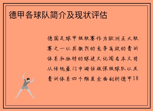 德甲各球队简介及现状评估