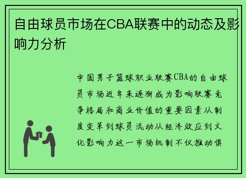自由球员市场在CBA联赛中的动态及影响力分析